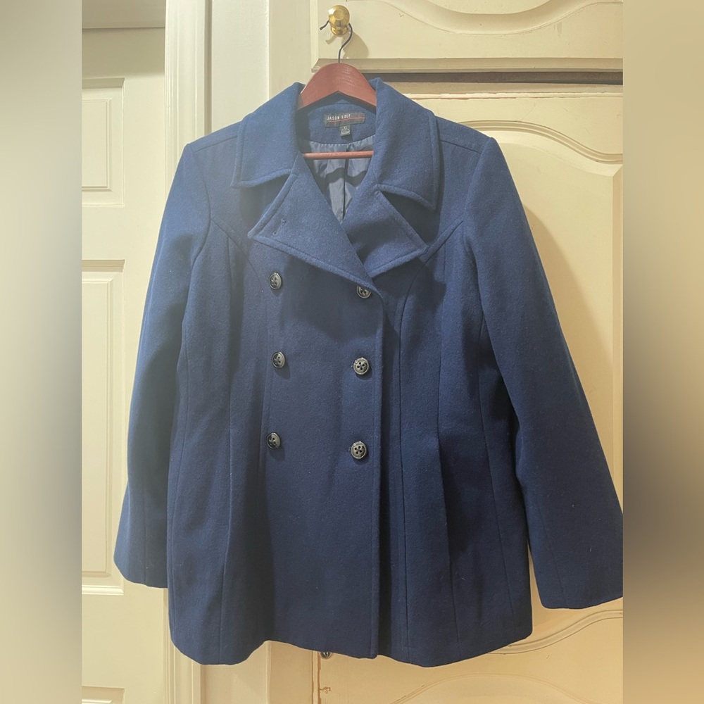 Women’s Jason Kole Navy Blue pea Coat, button down wool jacket